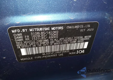 2024 Mitsubishi Mirage G4 Es из США, поврежденный, VIN ML32FUFJ2RHF05833